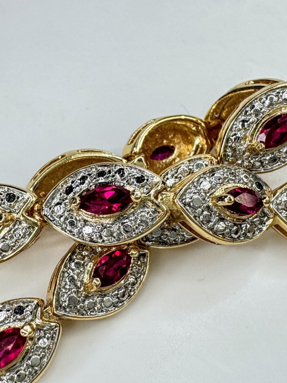 Lovely sterling silver two-tone Marquise Ruby link bracelet 7.25" 16.1g JR2094